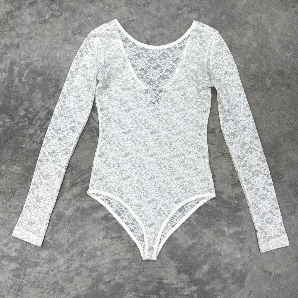 Forever 21 Cream See Through Lace Long Sleeve Shirt Top Womens S Cottage Fairy